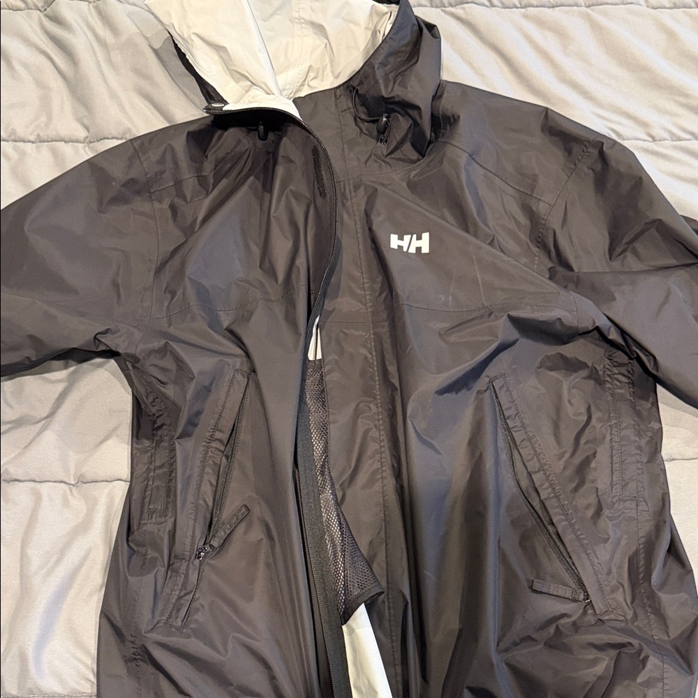 Helly Hansen Black Hooded Waterproof Jacket with White HH Logo